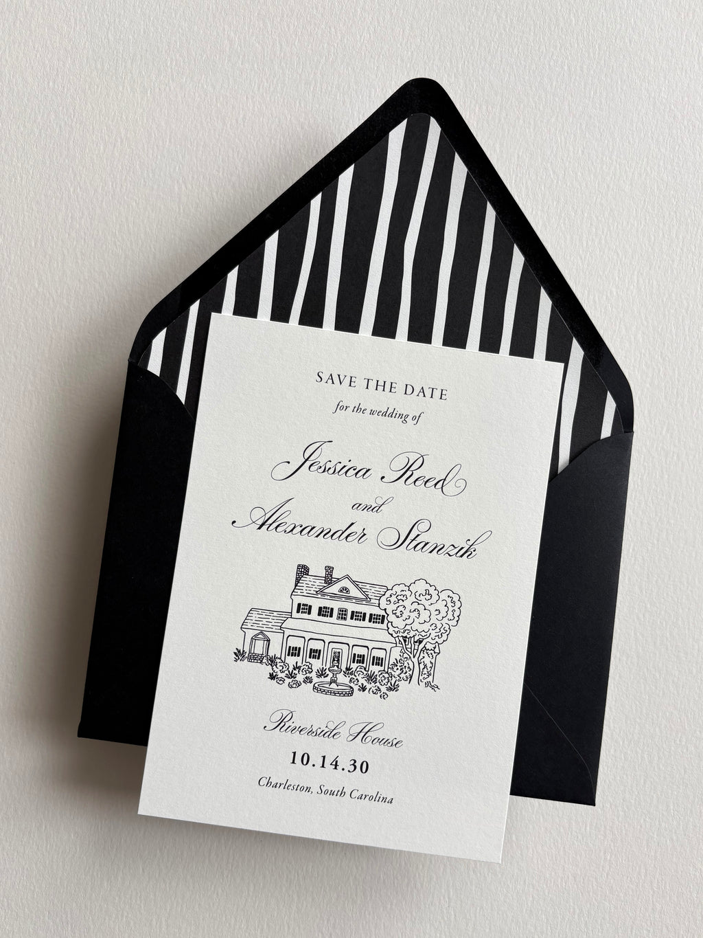 Formal Black and White Save the Date with Custom Venue