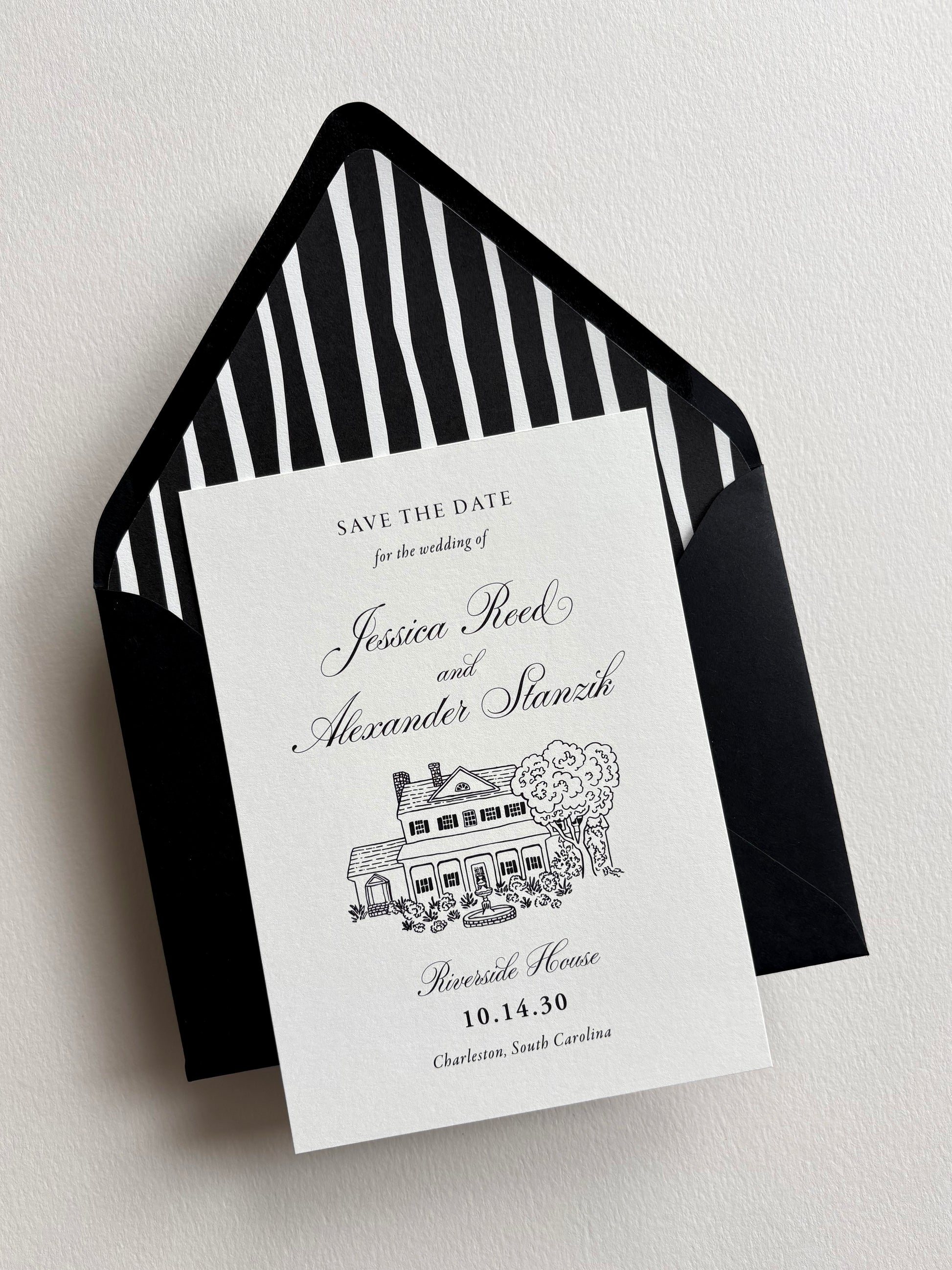 Formal Black and White Save the Date with Custom Venue