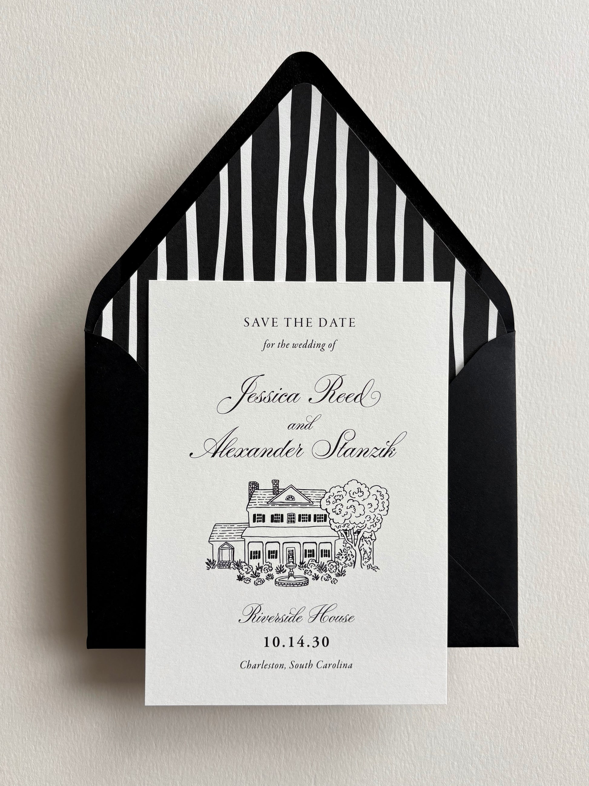 Formal Black and White Save the Date with Custom Venue