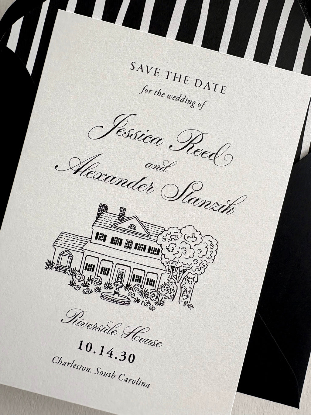 Formal Black and White Save the Date with Custom Venue