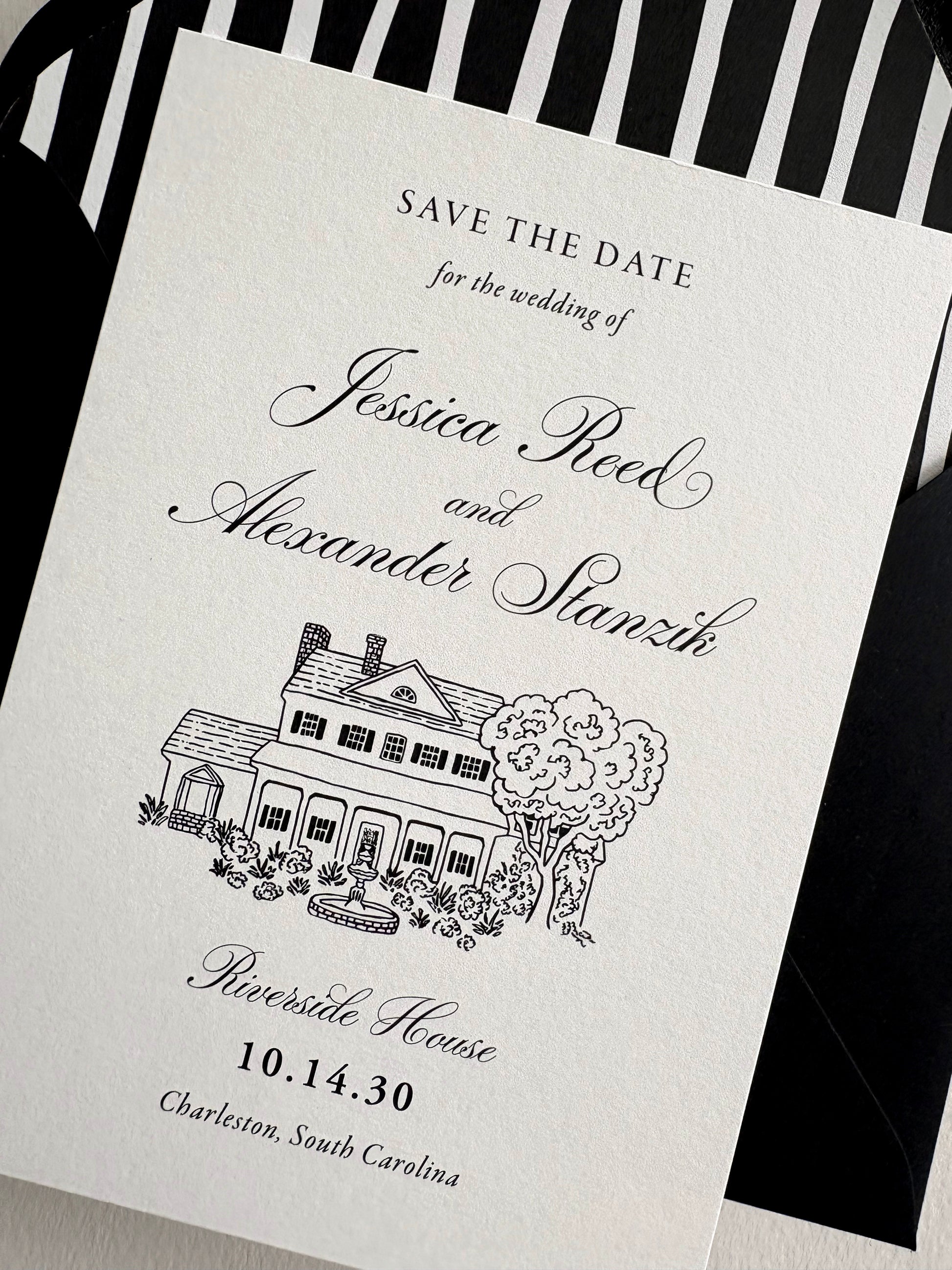 Formal Black and White Save the Date with Custom Venue