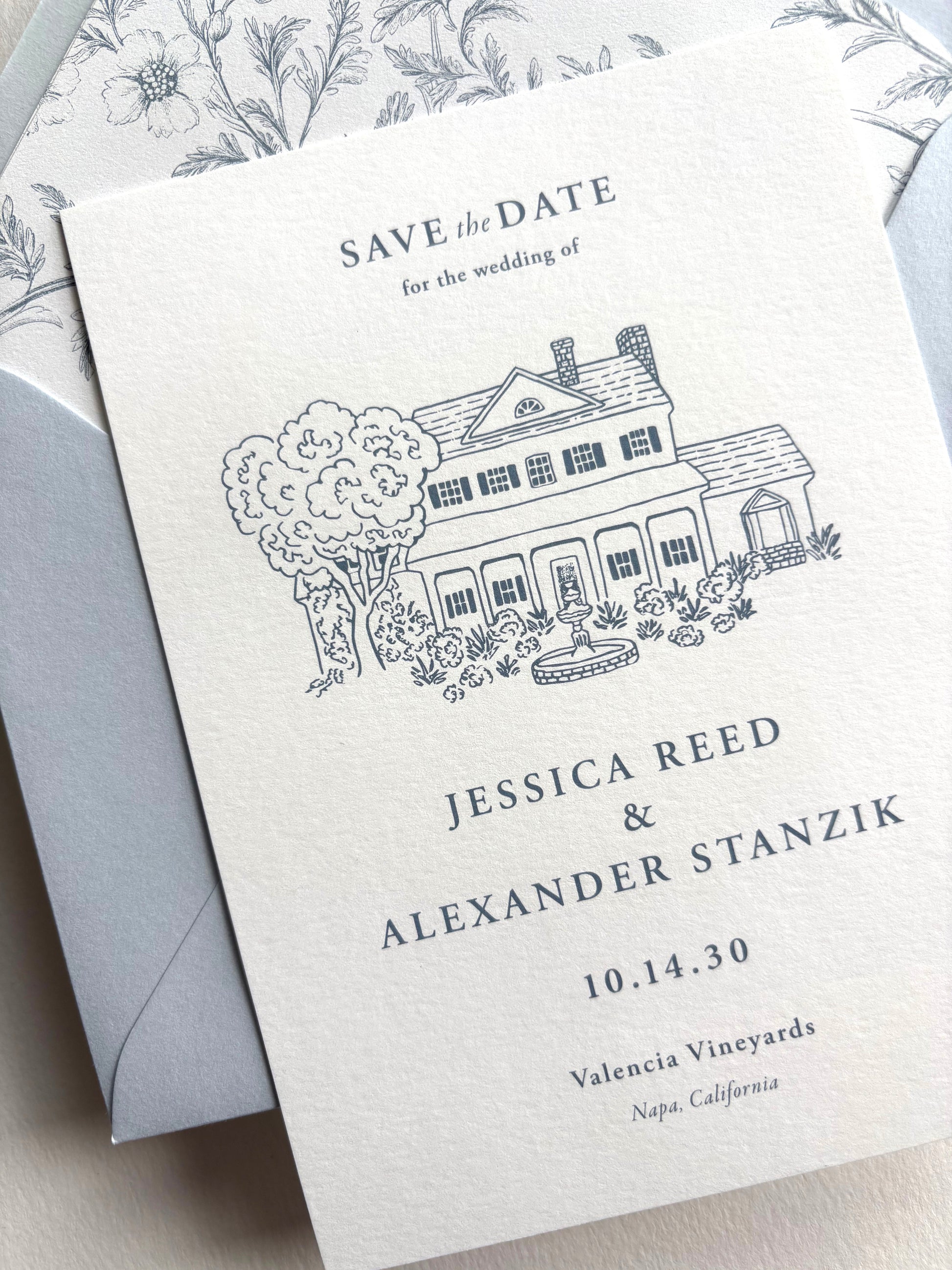 Formal Blue and White Save the Date with Custom Venue