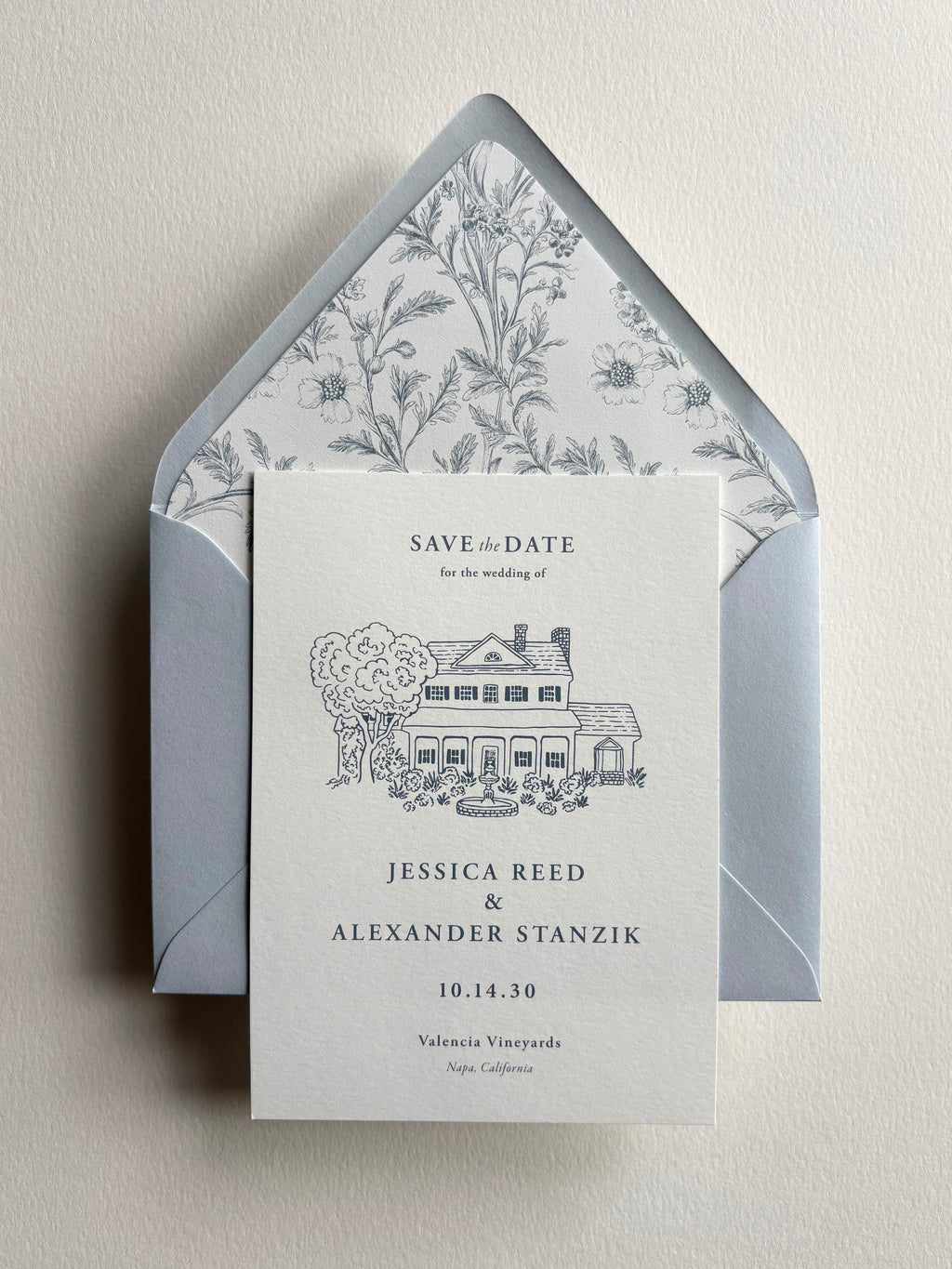 Formal Blue and White Save the Date with Custom Venue