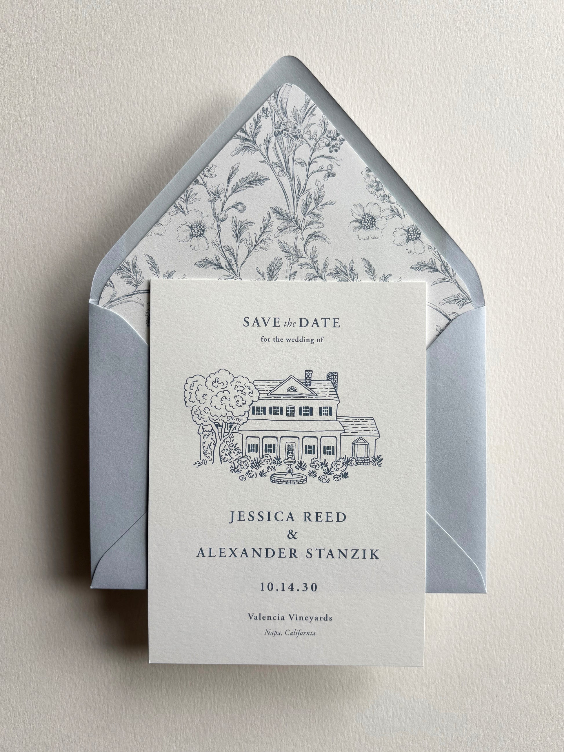 Formal Blue and White Save the Date with Custom Venue