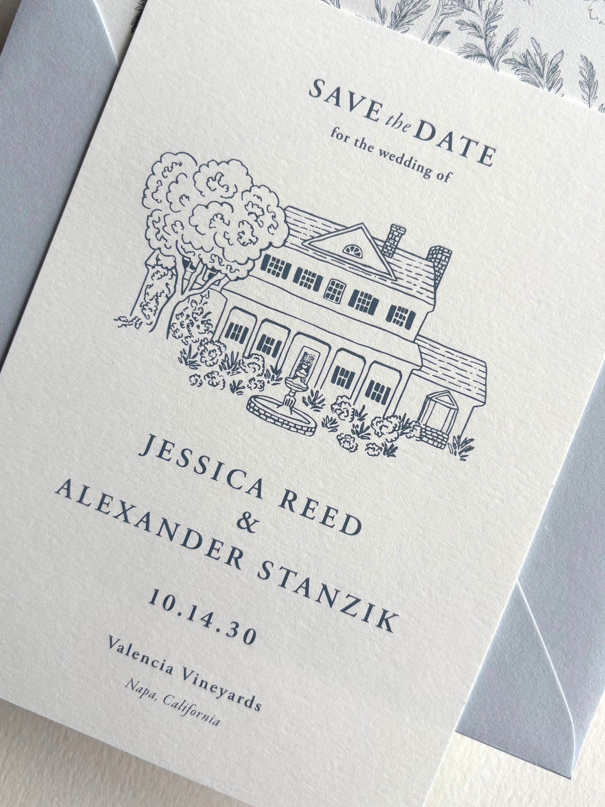 Formal Blue and White Save the Date with Custom Venue