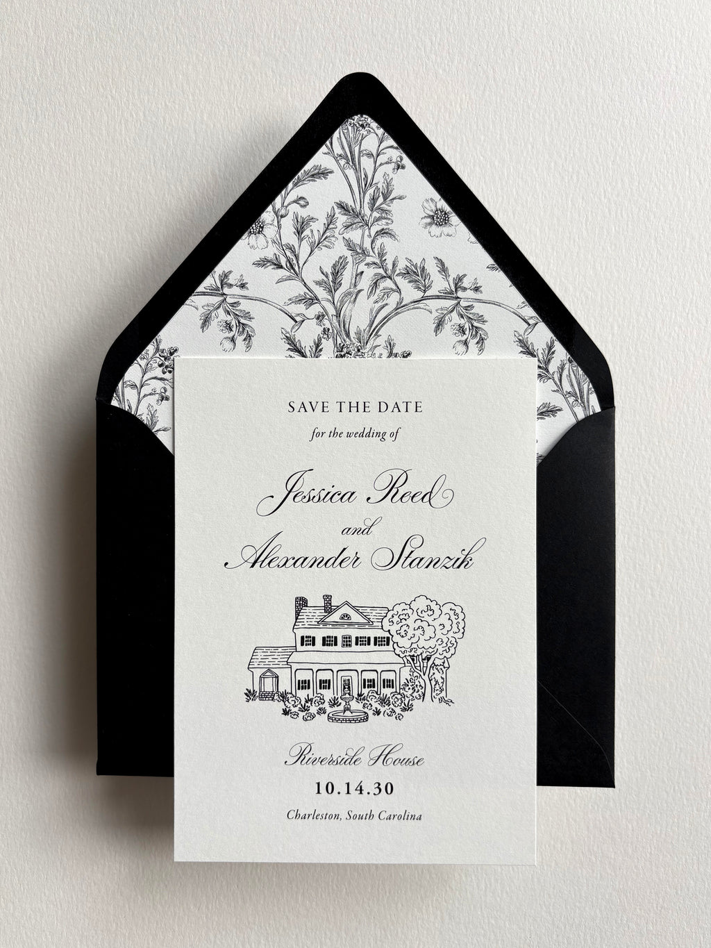 Formal Black and White Save the Date with Custom Venue
