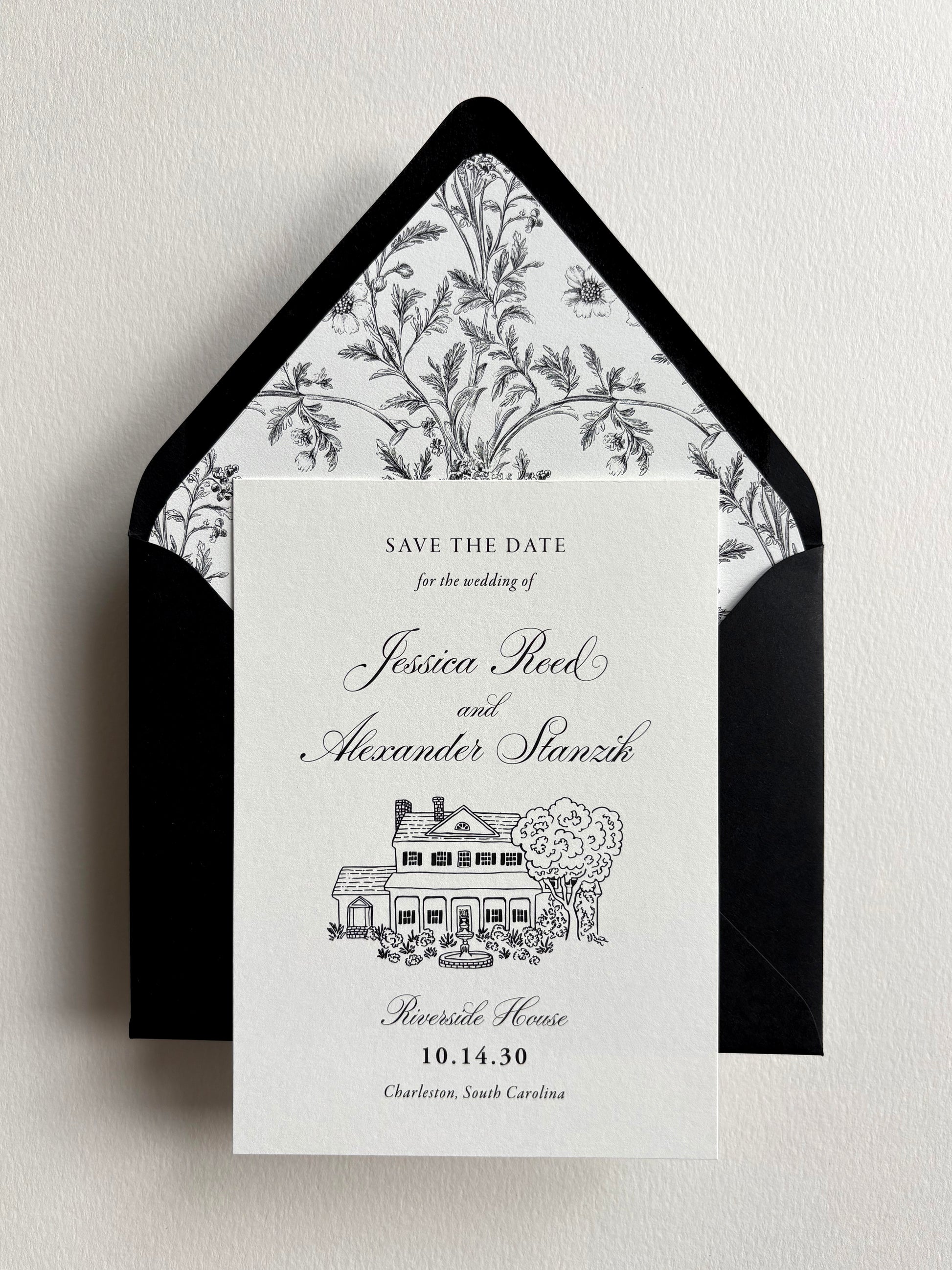 Formal Black and White Save the Date with Custom Venue