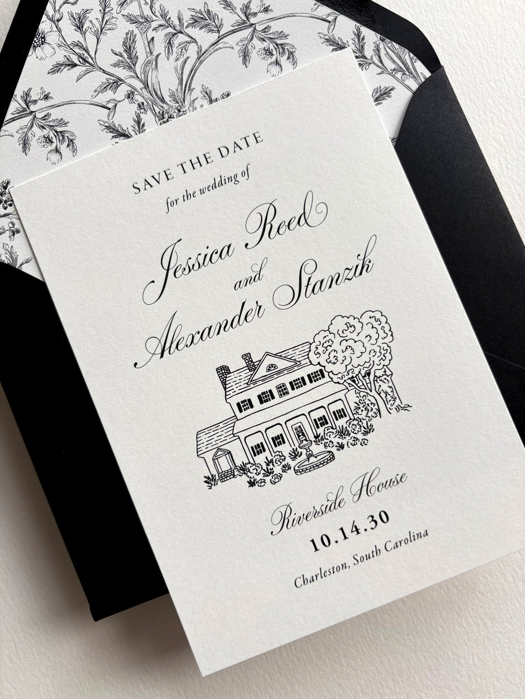 Formal Black and White Save the Date with Custom Venue