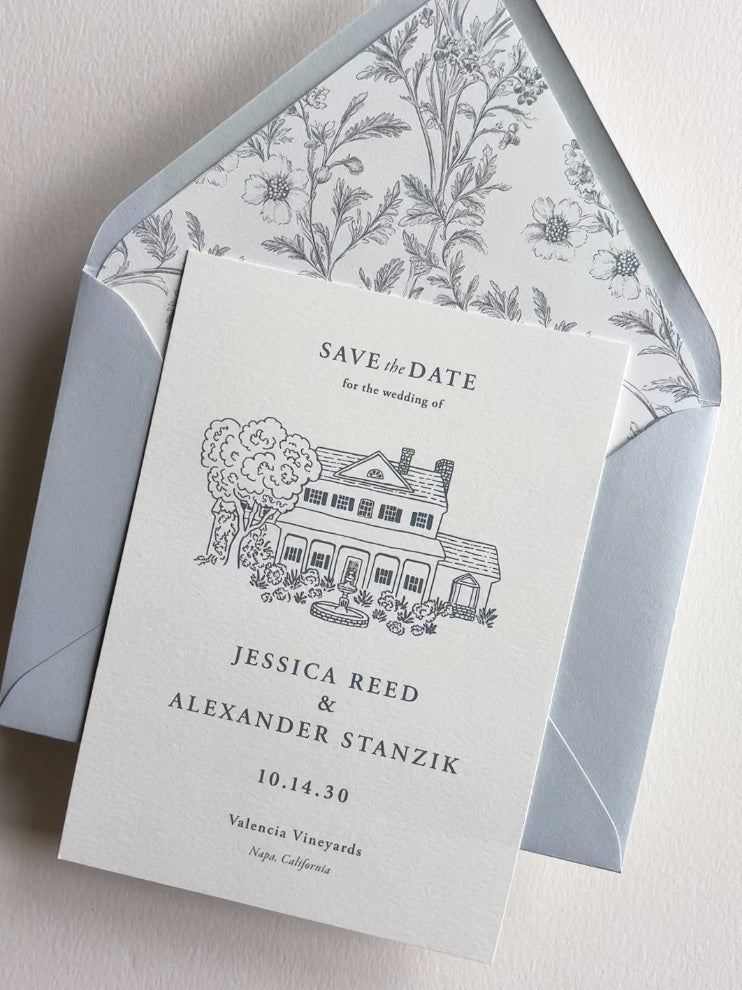 Formal Blue and White Save the Date with Custom Venue