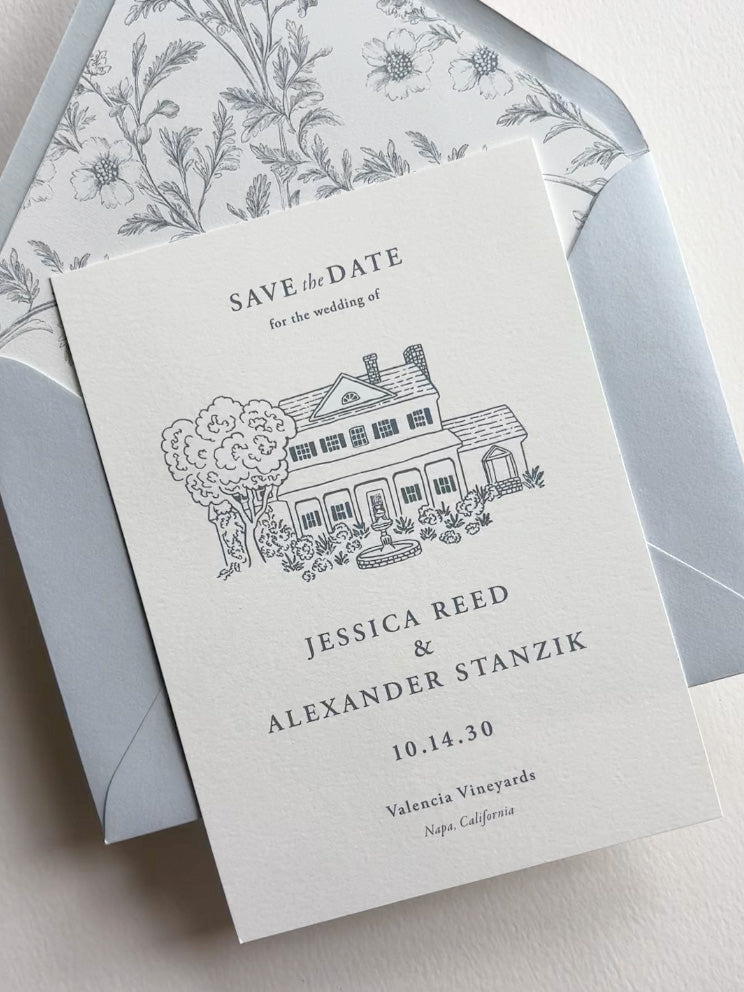 Formal Blue and White Save the Date with Custom Venue