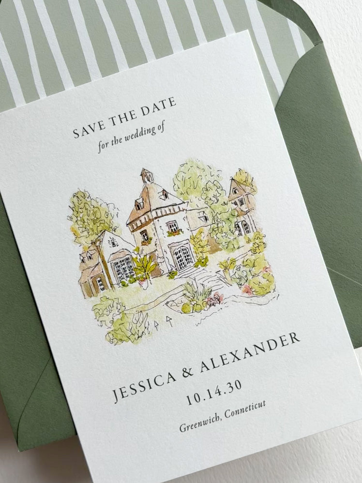 Watercolor and Pen Sketch Venue Save the Date