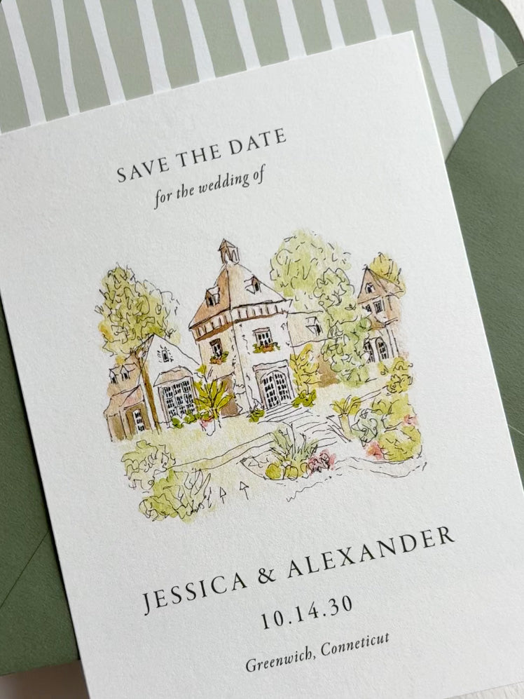 Watercolor and Pen Sketch Venue Save the Date