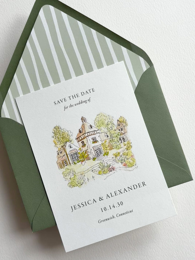 Watercolor and Pen Sketch Venue Save the Date