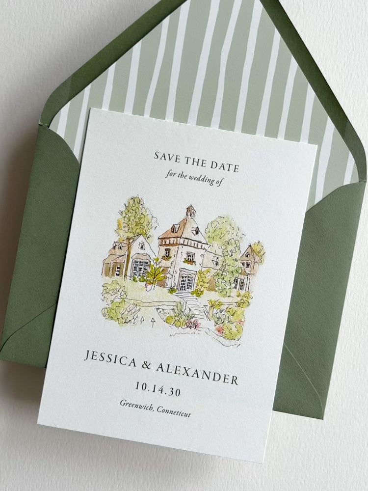 Watercolor and Pen Sketch Venue Save the Date