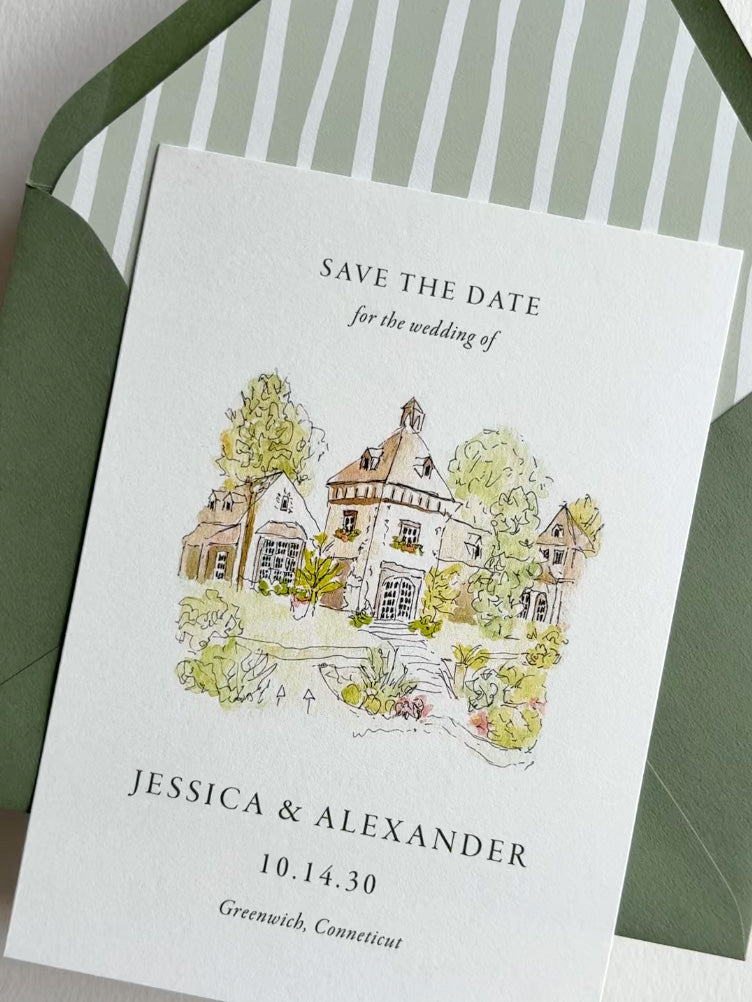 Watercolor and Pen Sketch Venue Save the Date